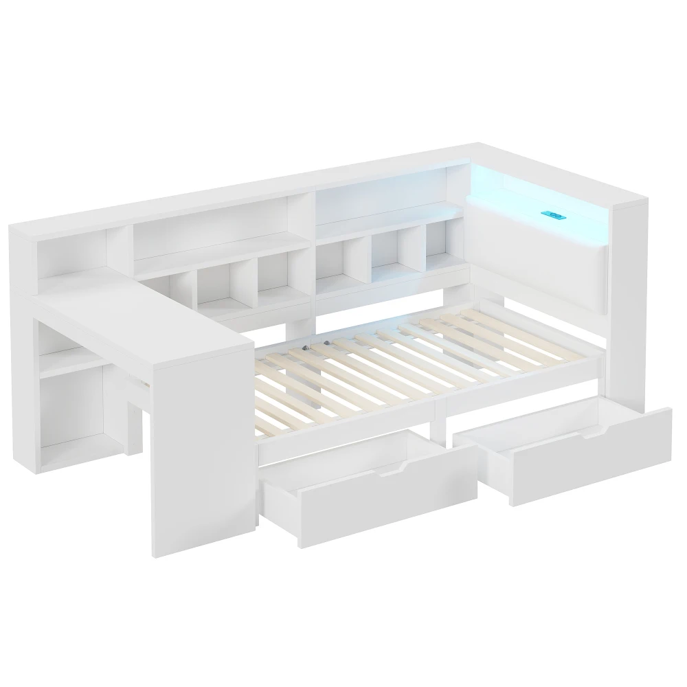 90x200 L-förmiges Plattformbett aus Holz mit Schreibtisch und Bücherregal, Eckkapitänsbett mit gepolstertem Kopfteil, Schubladen, LED-Licht – Detail 12