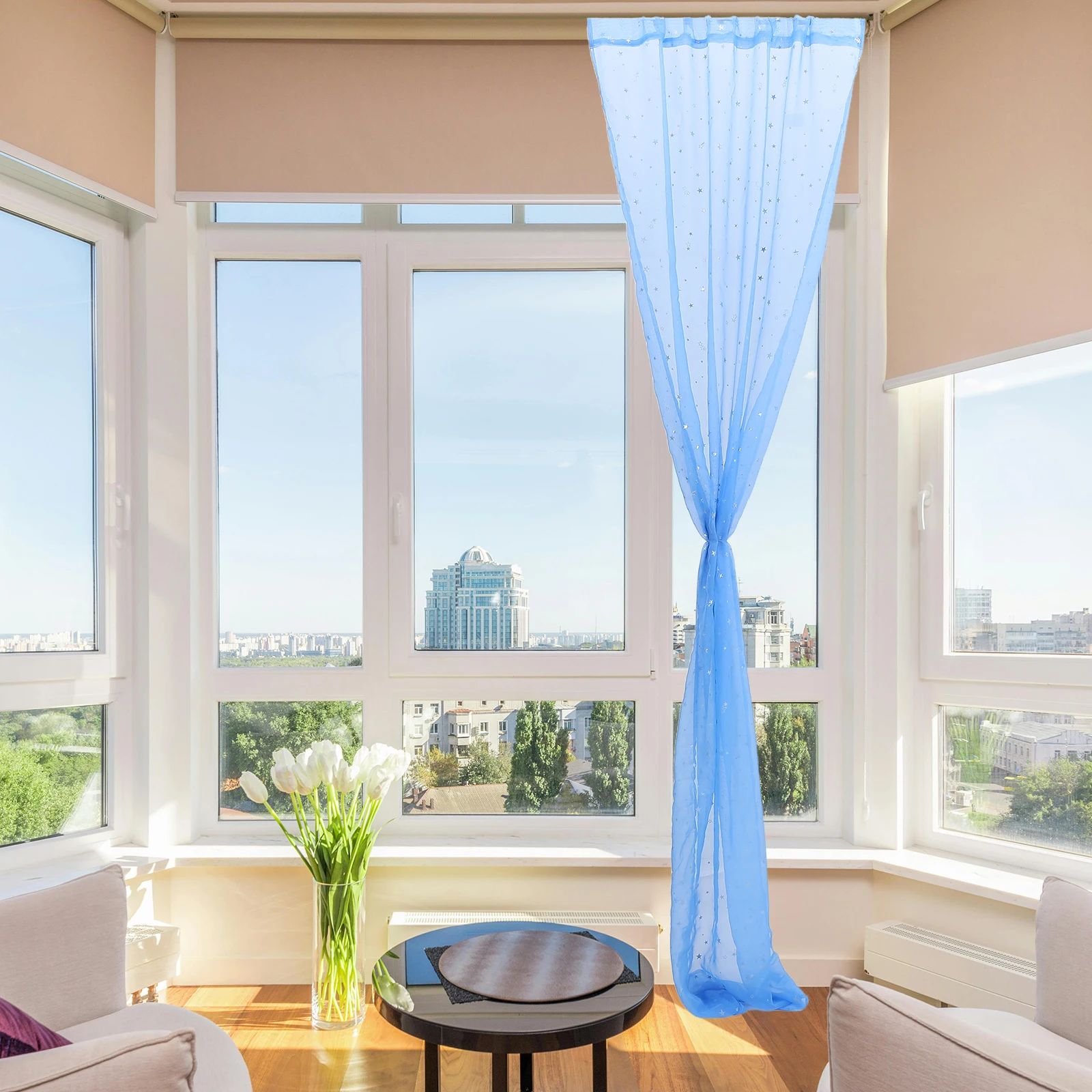 

Silver Star Foil Sheer Curtains Transparent Window Screening Romantic Star Pattern Voile Curtain Panel for Bedroom Room