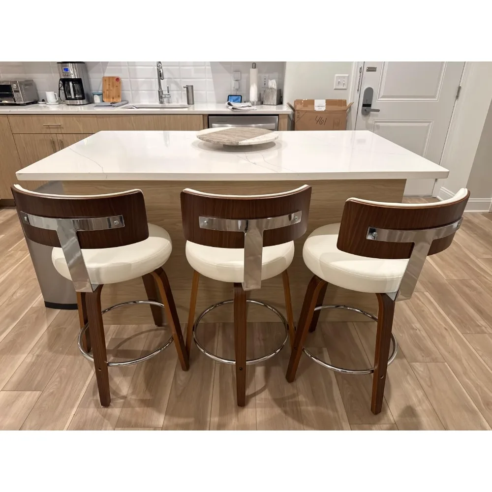 

Swivel Counter Height Bar Stools , Faux Leather Kitchen Stools Upholstered Barstools with Back, Walnut Wood Legs