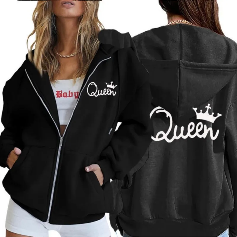 Autumn Winter Fashion Gray Zip Up Sweatshirt Women Jacket Clothes Hoodies Daily Pockets Long Sleeve Solid Versatile Lady Hoodie