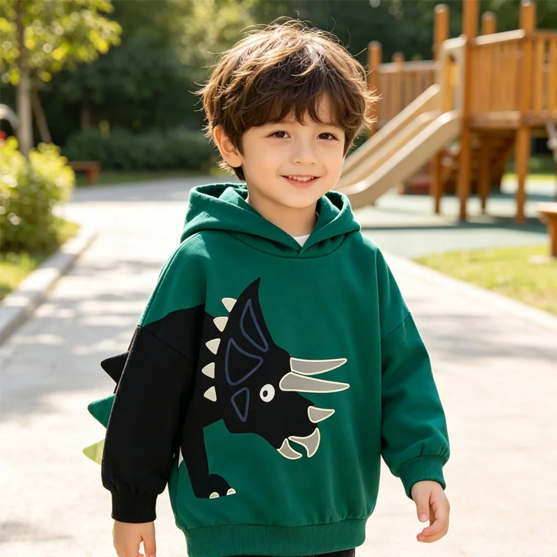 Little Hand Boys Long Sleeve Hoodie 3D Dinosaur Decor Cartoon Sweatshirt Kids Pullover Tops Daily Casual Clothing for 2‑7 Years