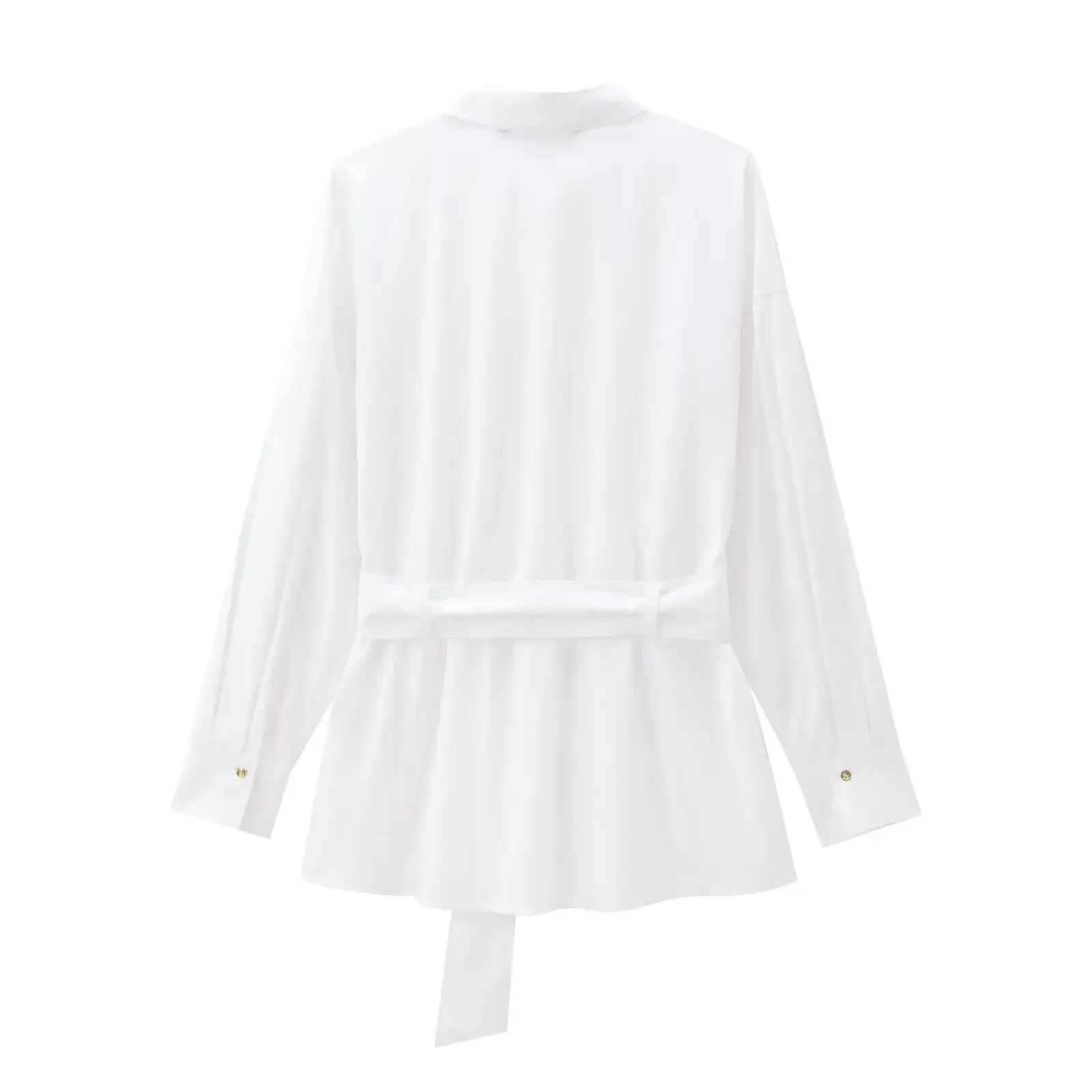 Women's new fashion with belt loose white casual single breasted poplin shirt retro Lapel long sleeved women's shirt chic top