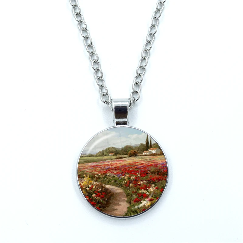 Claude Monet Oil Painting Sunflower Poppy Necklace For Women Men Art Oil Paintings Glass Cabochon Jewelry Fashion Gifts