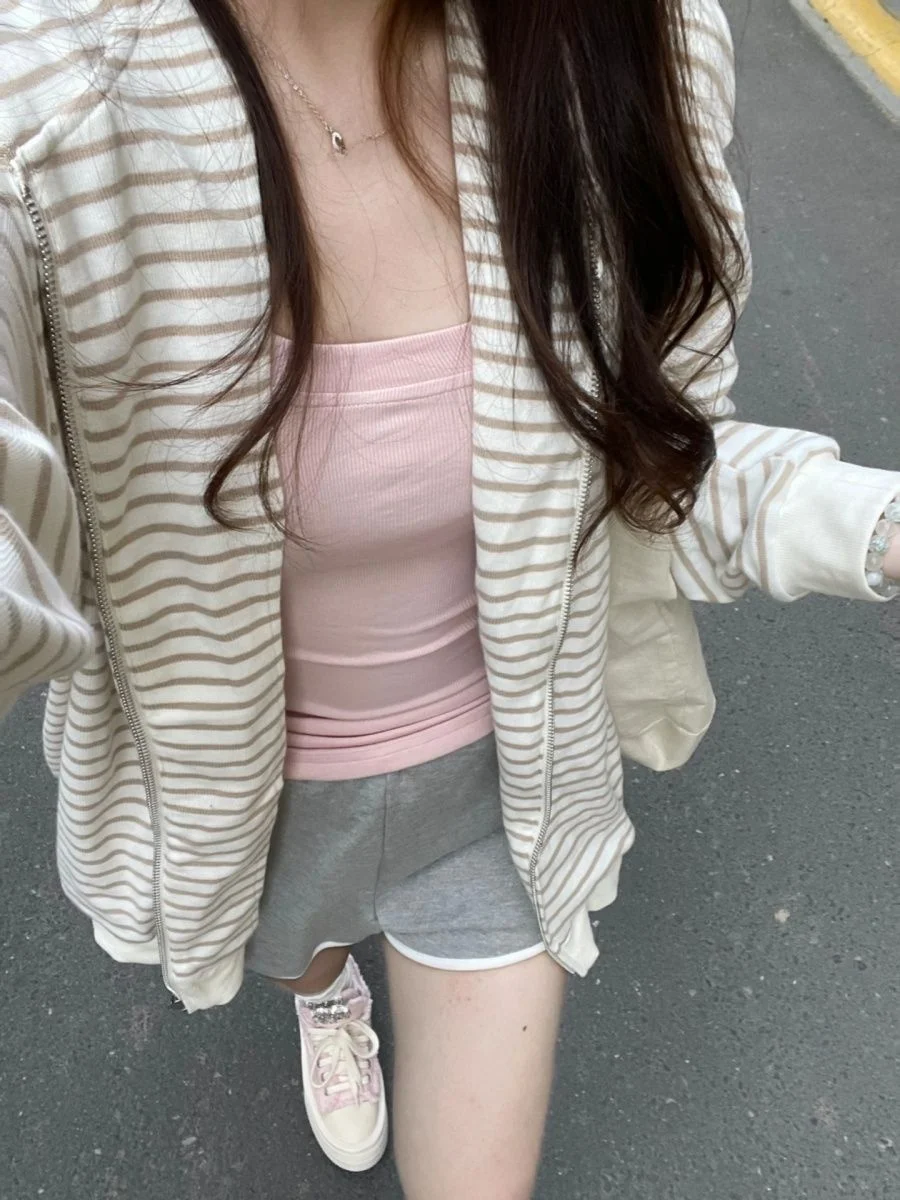 

Женский тонкий кардиган-худи на молнии в полоску, свободный крой, длинный рукав, весна-осень, корейский стиль