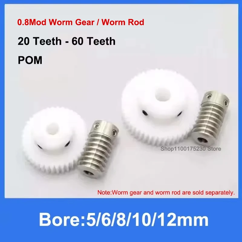

1Pcs 0.8M 20T-60T POM Worm Gear Wheel Stainless Steel Worm Rod 0.8 Modulus 20 Teeth-60 Teeth Worm Gear Bore 5/6/8/10/12mm
