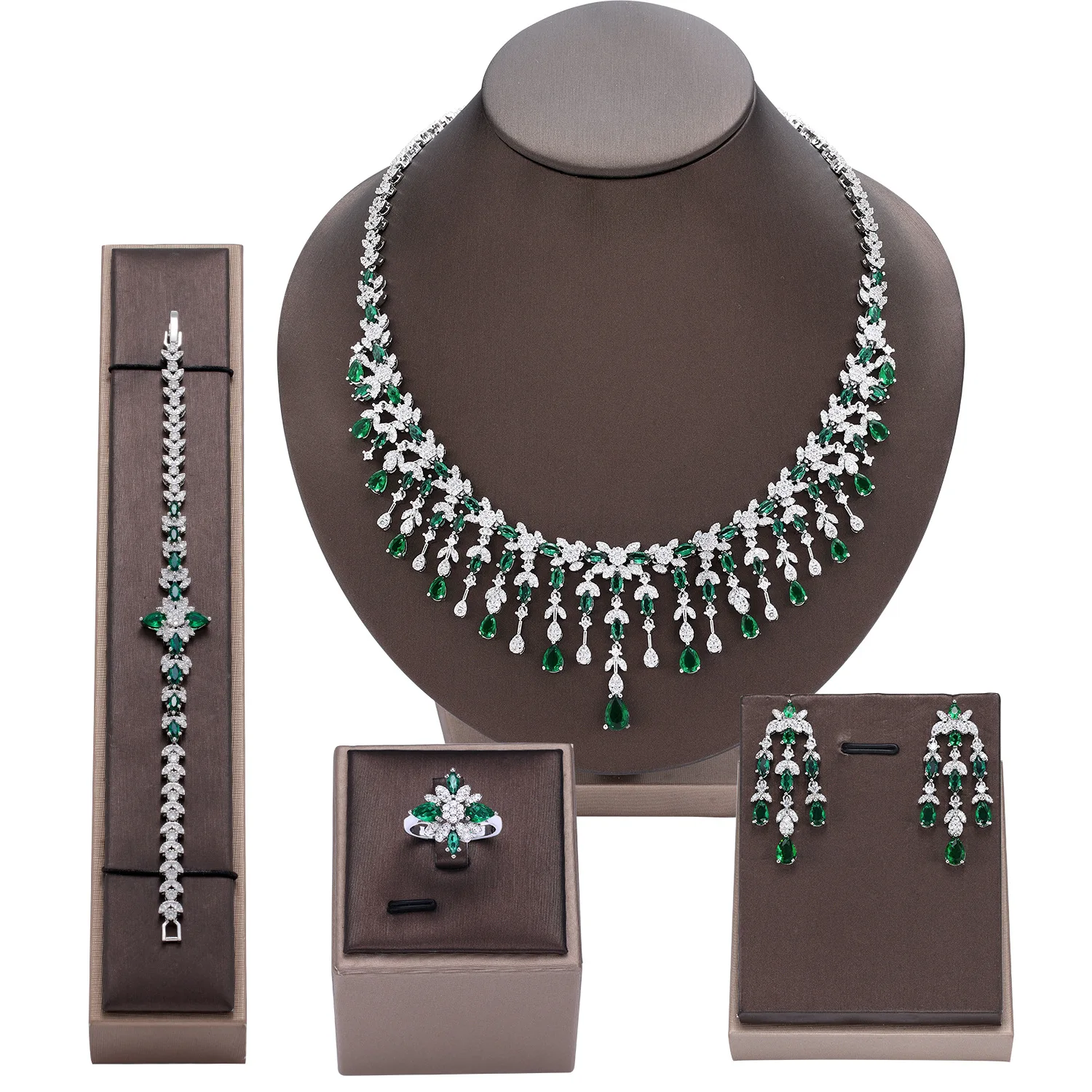 Elegant 4Pcs Bridal Jewelry Set Green Cubic Zircon Necklace Bracelet Earrings Ring Women Wedding Banquet Party Gift Accessories