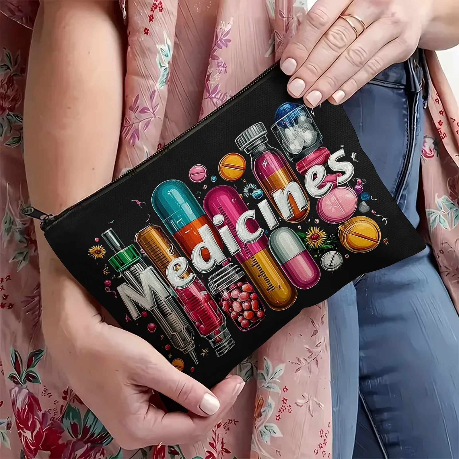 Medicines-Themed Makeup Bag with Zipper Closure - Durable Portable Cosmetic Organizer, Fade-Resistant Material