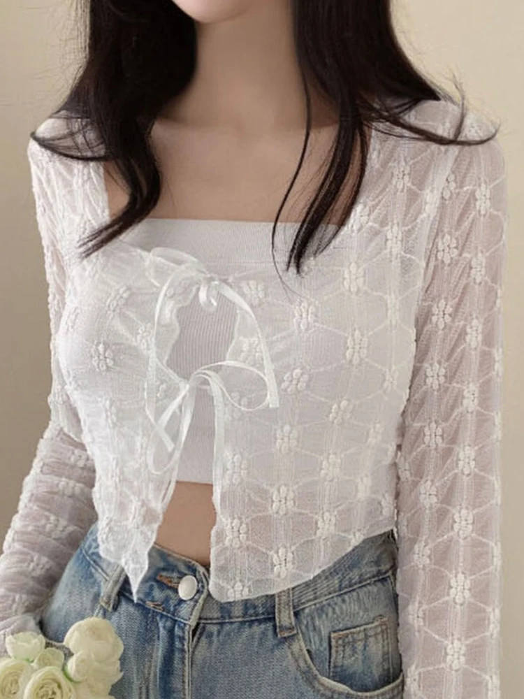 

Korean Sle ort Lace Open Cardigan Women's Sweet Tie Waist Thin Long Sve Transparent Sle Loose Fit Commute Faion