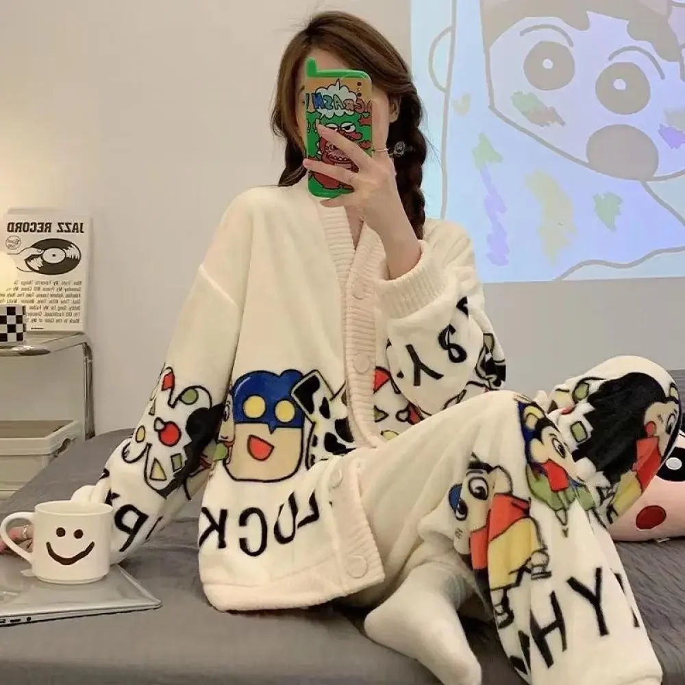 Kawaii Kuromi Cardigan Plush Pajamas Set for Women Sanrioed Anime Cinnamoroll My Melody Home Clothes Spring Winter Sweet Thicken