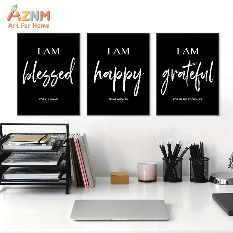 AZNM Black White Affirmation Quote Canvas Wall Art I Am Worthy Blessed Grateful Motivational Positive Text Office Unframed Canva