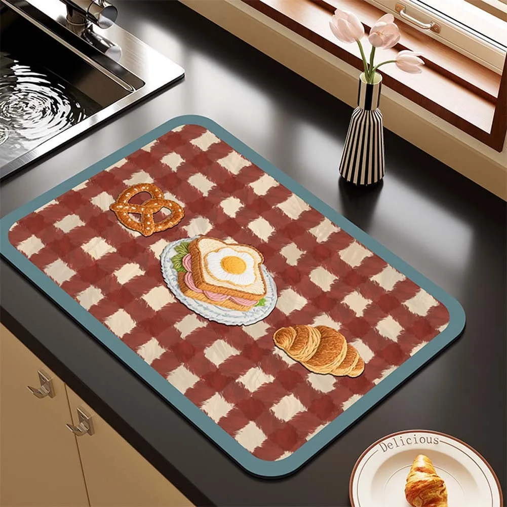 Cute Bread Pattern Kitchen Dish Drying Mat Non-Slip Rubber Backing Coffee Station Pad Waterproof Counter Mat Quick Dry