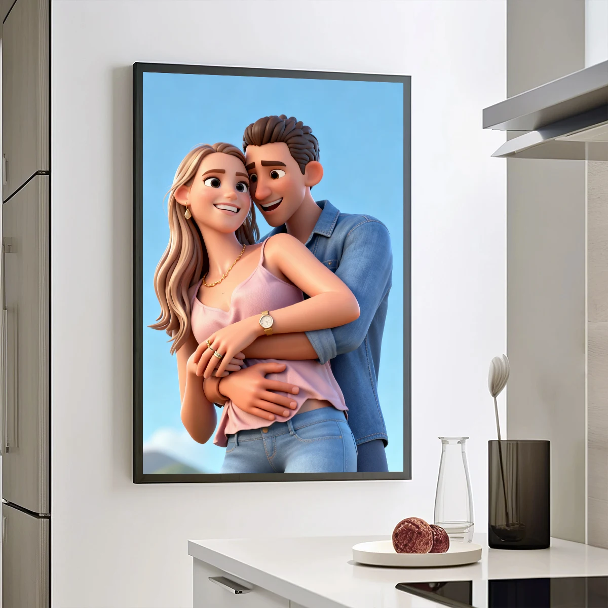 قطعة واحدة من ملصق الرسوم المتحركة المضحك المبالغ فيه، ديكور فني جداري بدون إطار، صورة زوجين حلوة، ديكور منزلي دافئ