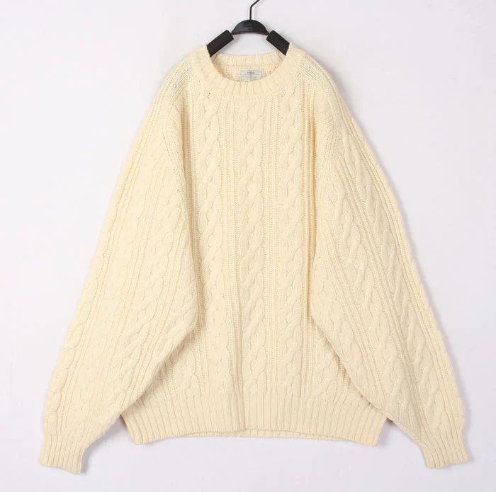 

Vintage White 3D Weave Bean Knit Sweater Cardigan Woolen Overhead Autumn Winter Warm Loose Fit round Ne Long Sve T-irt