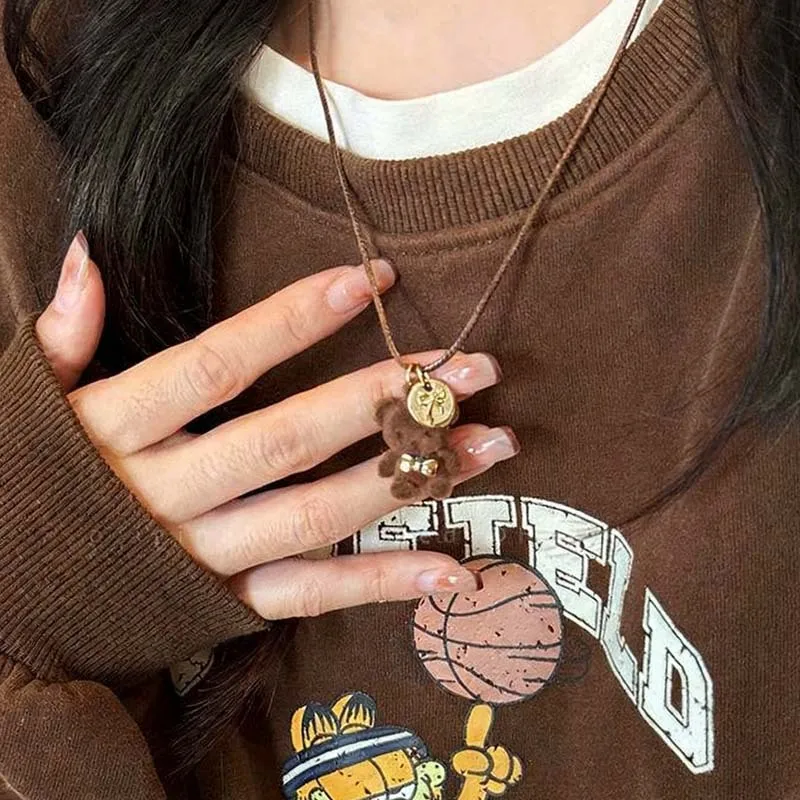 Cute Coffee Colored Plush Teddy Bear Pendant Necklace For Women's Autumn And Winter Long Hoodie Accessories Sweater Chain