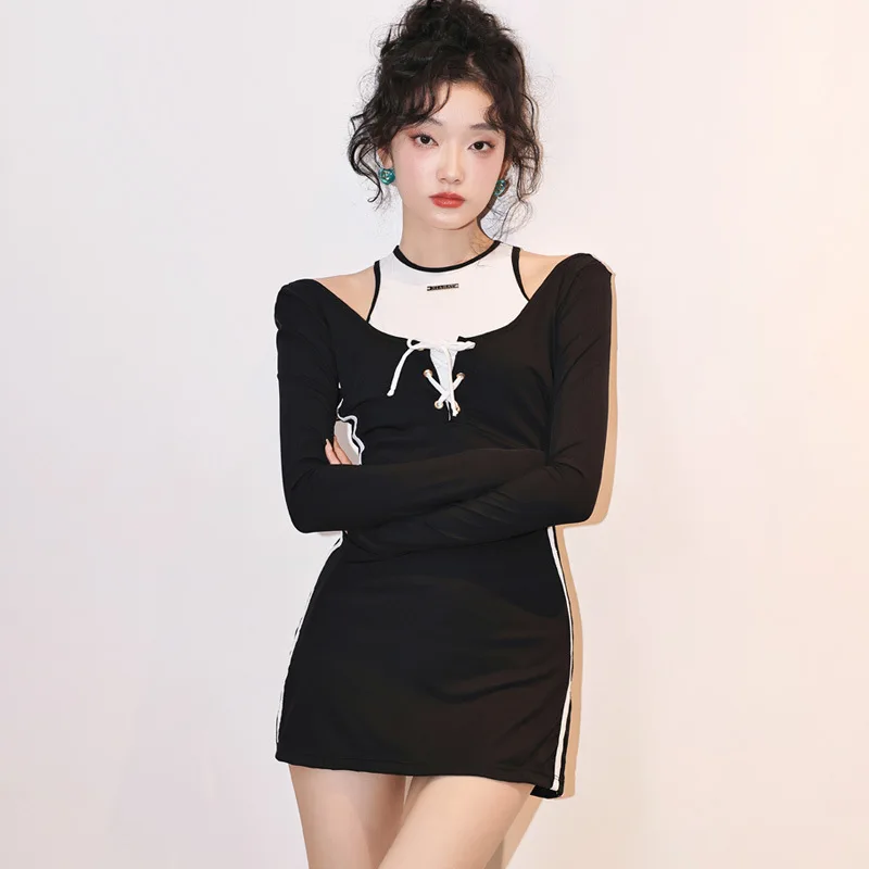 Korean Style Swimwear 2024 Women\'s One Piece Swimsuit Sports Long Sleeve Dress Beachwear High Waist Bathing Suits Shorts Pool