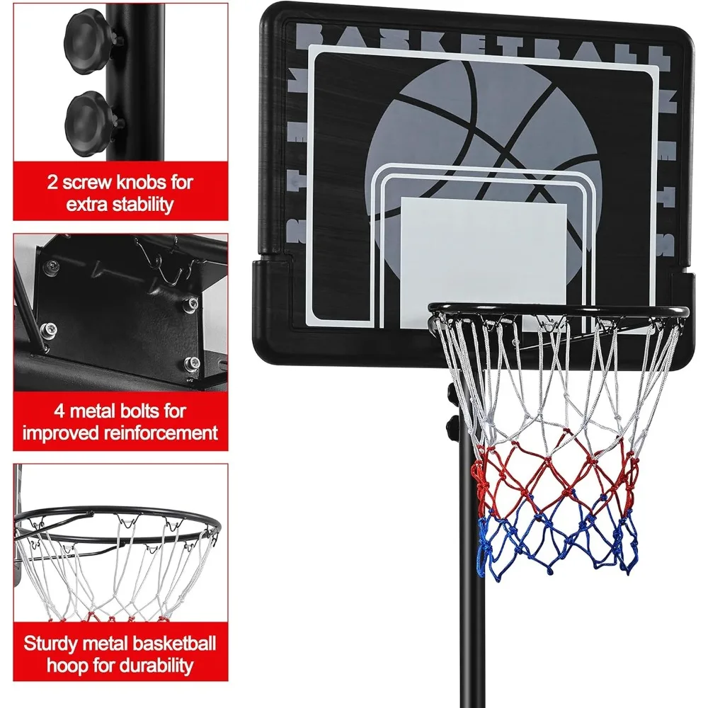sistema portátil de cesta de basquete ao ar livre com encosto e rodas de pe de 7,6 a 8,6 pés ajustáveis em altura para crianças