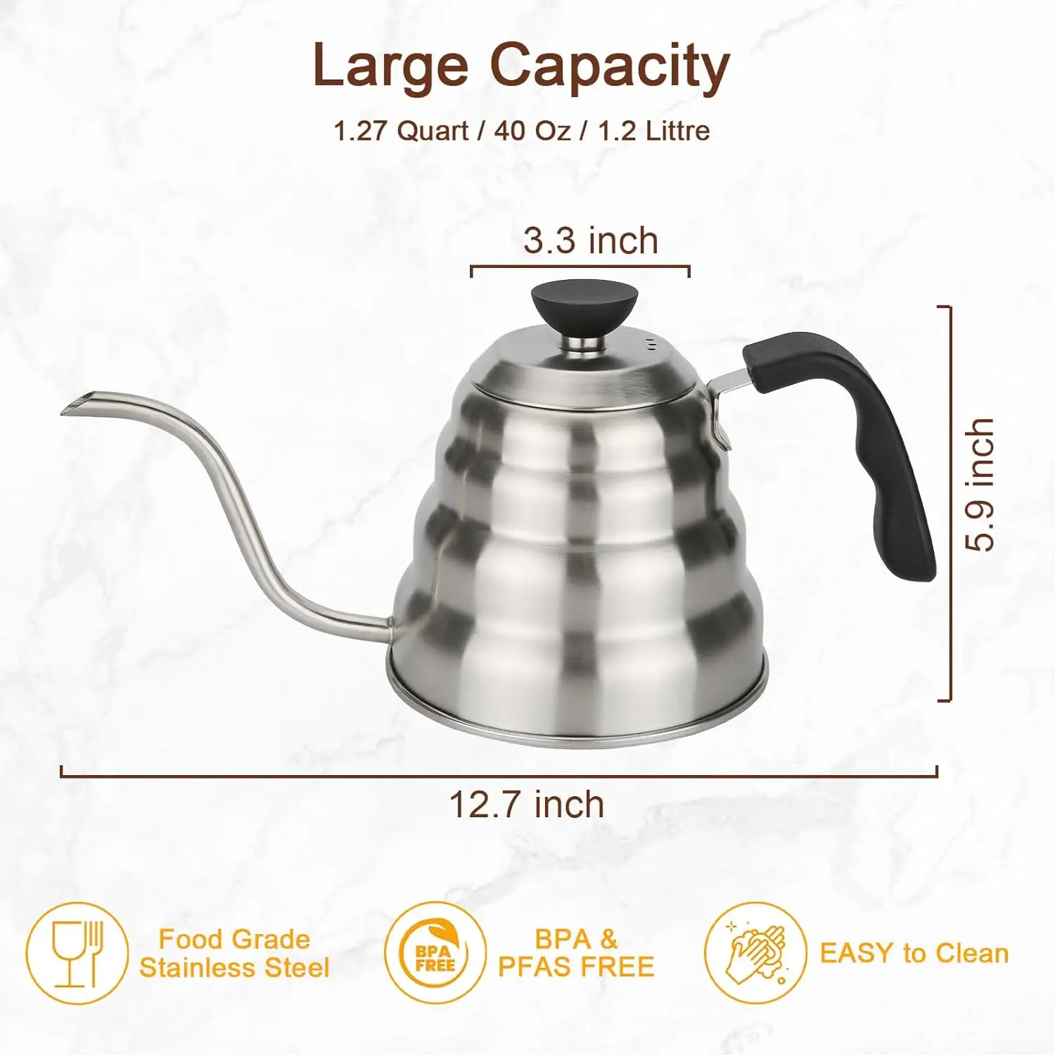 กาต้มน้ำคอแคบสำหรับกาแฟพรีเมียม สแตนเลส - 40 ออนซ์ / 1.27 ควอร์ต / 1.2 ลิตร / 5 ถ้วย - เหมาะสำหรับการชงกาแฟแบบดริป