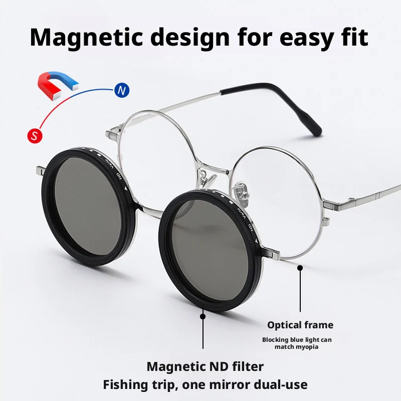 Picture 4: Men Women Round Magnetic Clip Glasses Polarized ND9 Adjustable Light Reduction Lens Customizable Near-Sightedness Lens 25099
