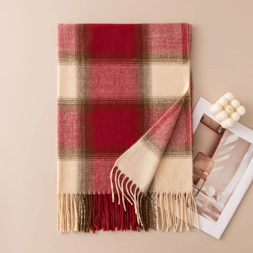 Durable Preppy Style Women's Winter Scarf Cozy Soft Preppy Plaid Scarf Tassel Fringe Long Checkered Shawl Gift Friends