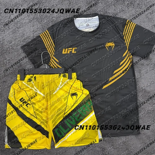 Imagen 2 del producto Charles Oliveira UFC edición amarilla boxeo lucha camiseta pantalones cortos hombres transpirable Jersey lucha correr conjunto absorbente de sudor