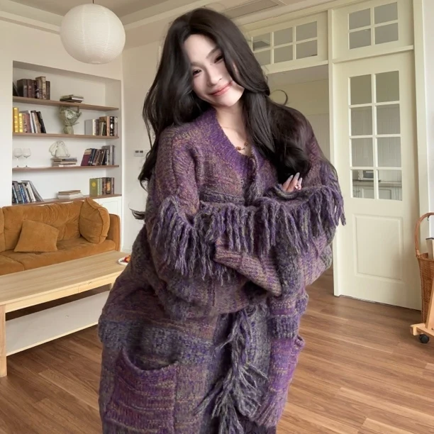 

KUKUDEMI Women's Knitted Sweater Coat round Ne Tassel Trim Color Blo Fall Winter Warm Leisure Vintage Sle Outerwear