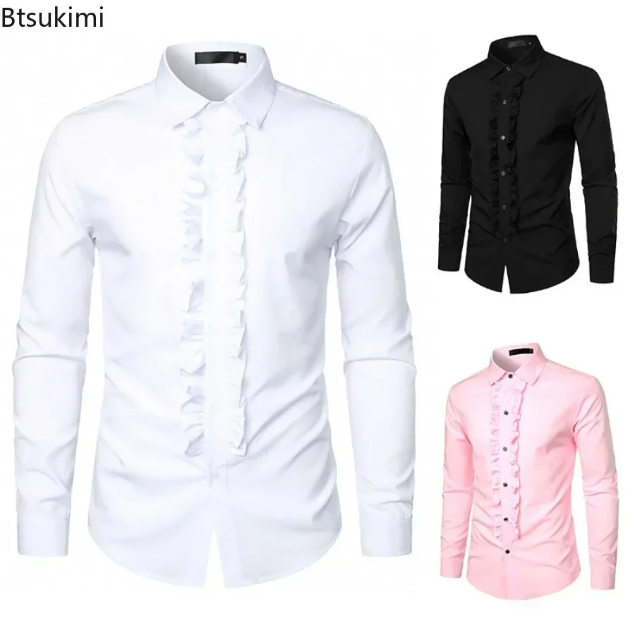 New 2026 Men's Long Sleeve Tuxedo Shirts Fashion Party Wedding Male Dress Shirts Ruffle Pleated Design Solid Shirt Chemise Homme