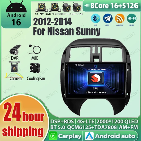 Android 16 Carplay Auto WIFI+4G Car Radio Multimedia Player For Nissan Sunny Versa 2012-2014 DSP Autoradio Stereo 2din Head Unit