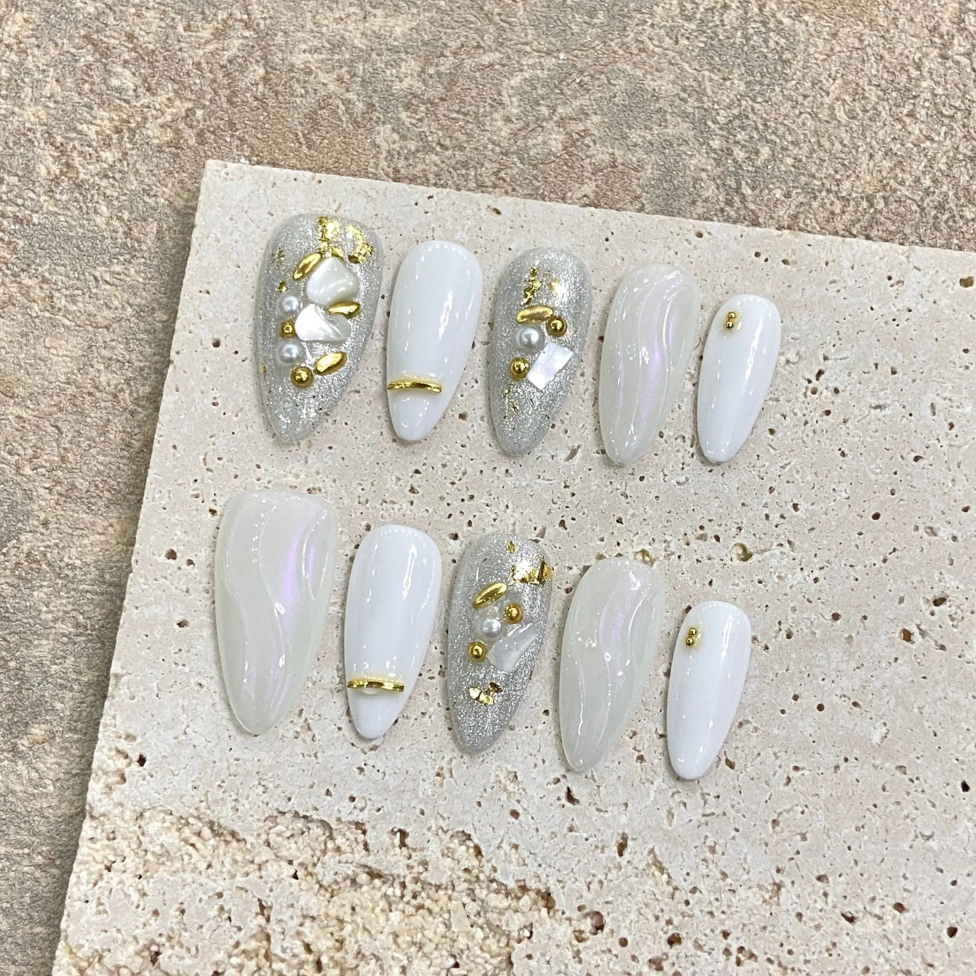 10pcs Baroque Nail Art Almond Long Beach Vacation Nails 3D RhinestoneTip Full Cover Ballet Artificial Handmade Press Nails