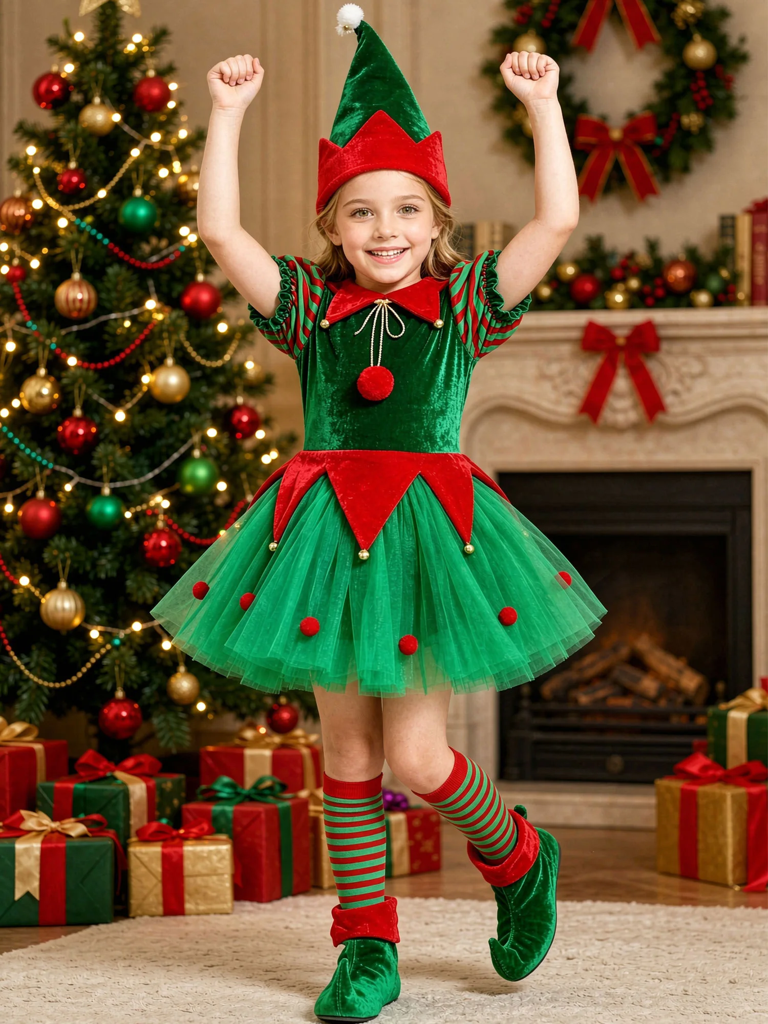 Kids Girls Christmas Elf Outfit Puff Sleeves Velvet Bodice Tulle Dress with Hat Socks Shoe Covers for Role-playing Theme Party