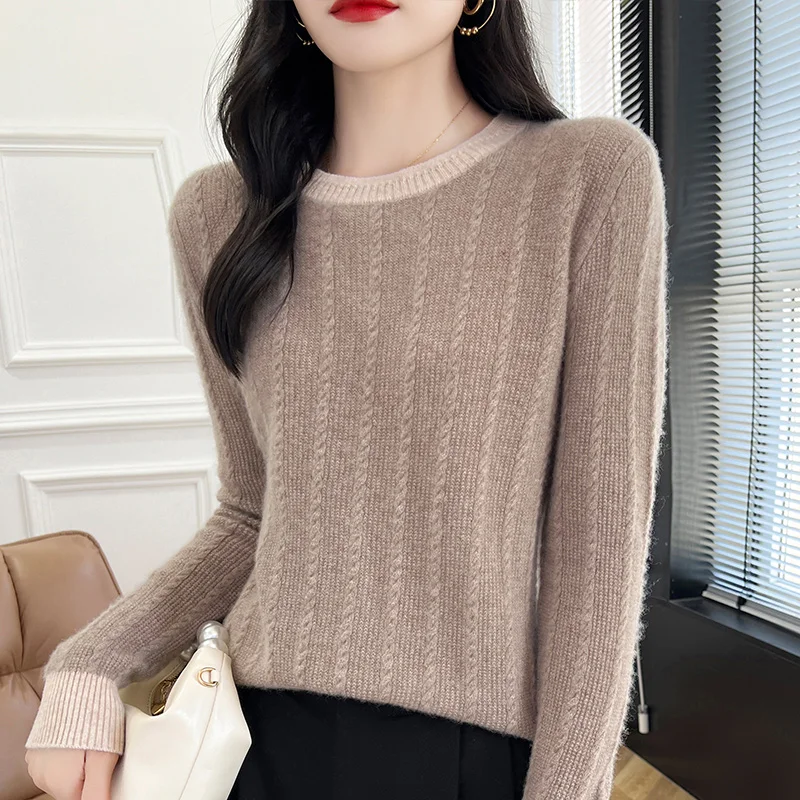 100% Wool Sweater Women Patchwork O-neck Long Sleeve Top Loose Casual Loose Knit Female Pullover Autumn Winter Jumper Clothing