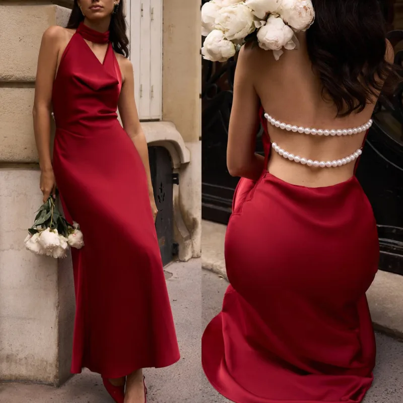 

Elegant Satin Halter Neck Dresses Sexy V-Neck Bodycon Dress With Pearl Back Details New Summer Fashion Banquet Dress For Women