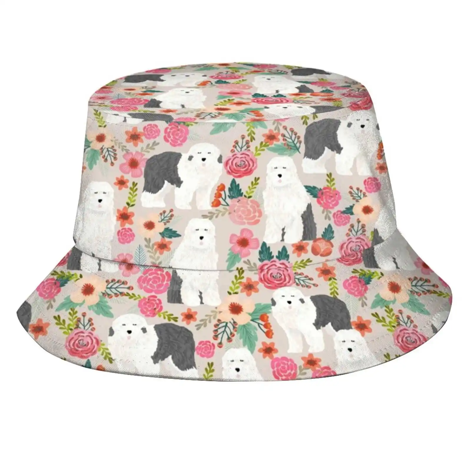 Old English Sheepdog Floral Dog Breed Pet Art Pattern Gifts Sun Cap Fisherman Hat Bucket Hats Old English Sheepdog Floral Dog