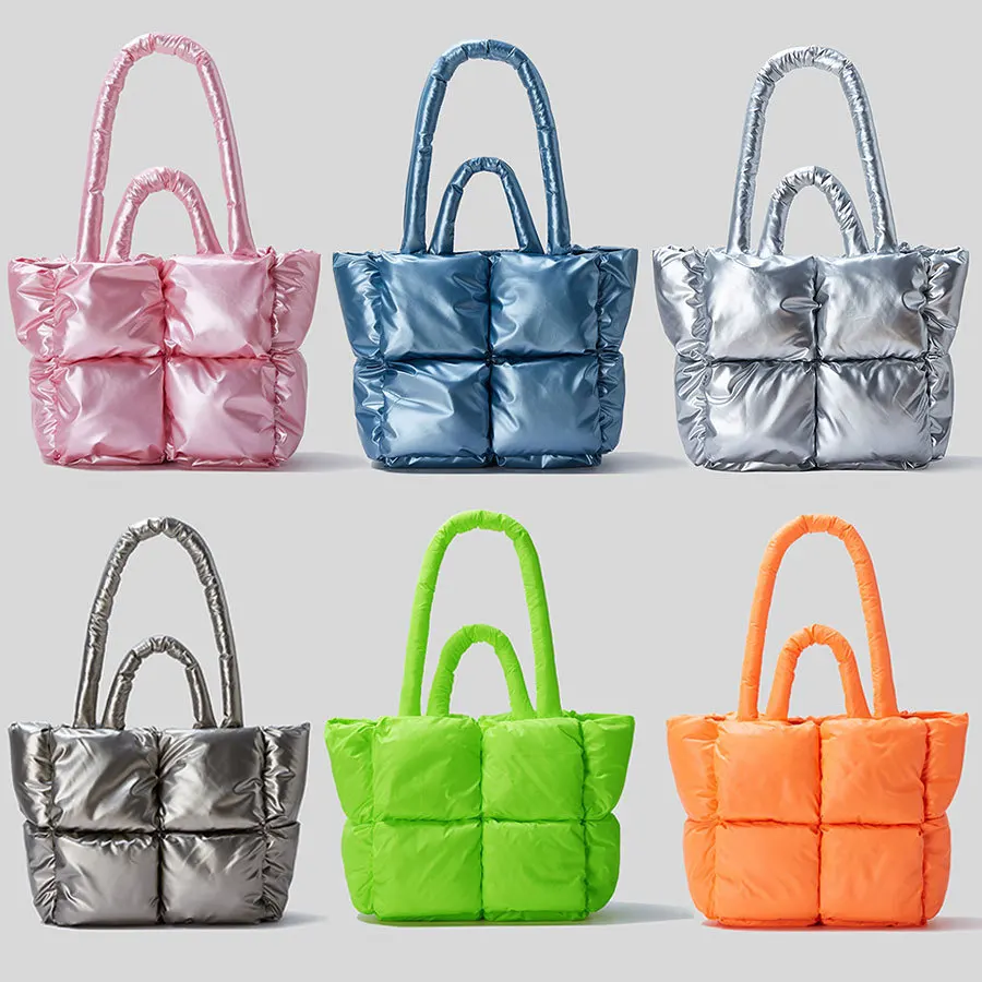 Fashion Fluorescent Green Padded Women Shoulder Bags Designer Quilted Handbags Luxury Laser Nylon Large Capacity Tote Bag Winter