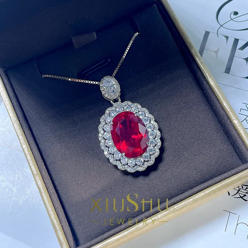 100% 925 Sterling Silver Necklace for Women's Retro High Grade Colorful Treasure Pendant Red and Blue Treasure Wedding Jewelry