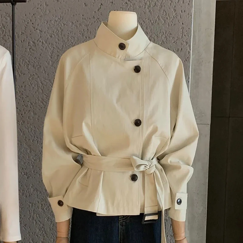 

Американский винтажный плащ женский Harajuku Y2K повседневное укороченное пальто весна осень с длинным рукавом и поясом-стойкой офисный женский топ