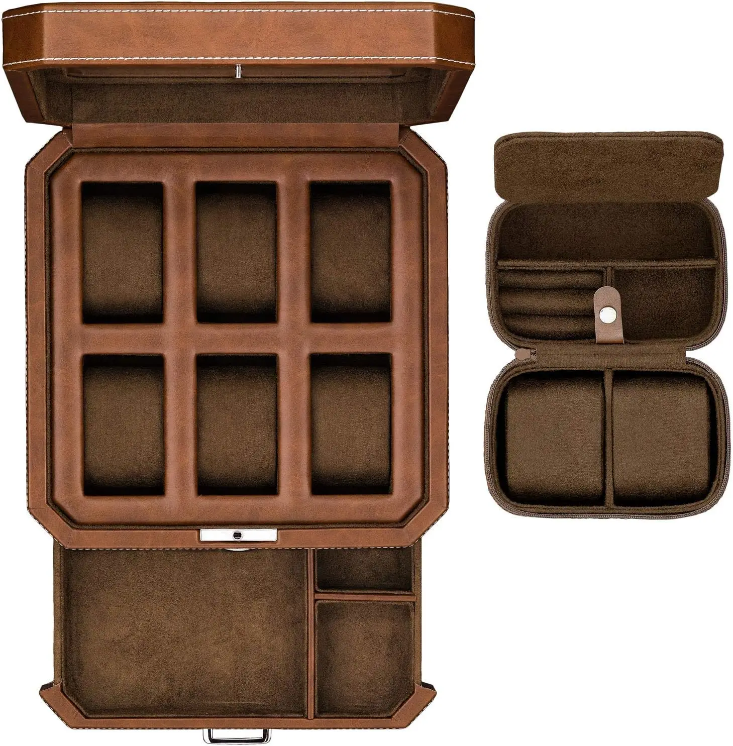 Gift Set 6 Slot Leather Watch Box with Valet Drawer - Luxury Watch Case Display Organizer, Microsuede Liner, Locking Jewelry Box
