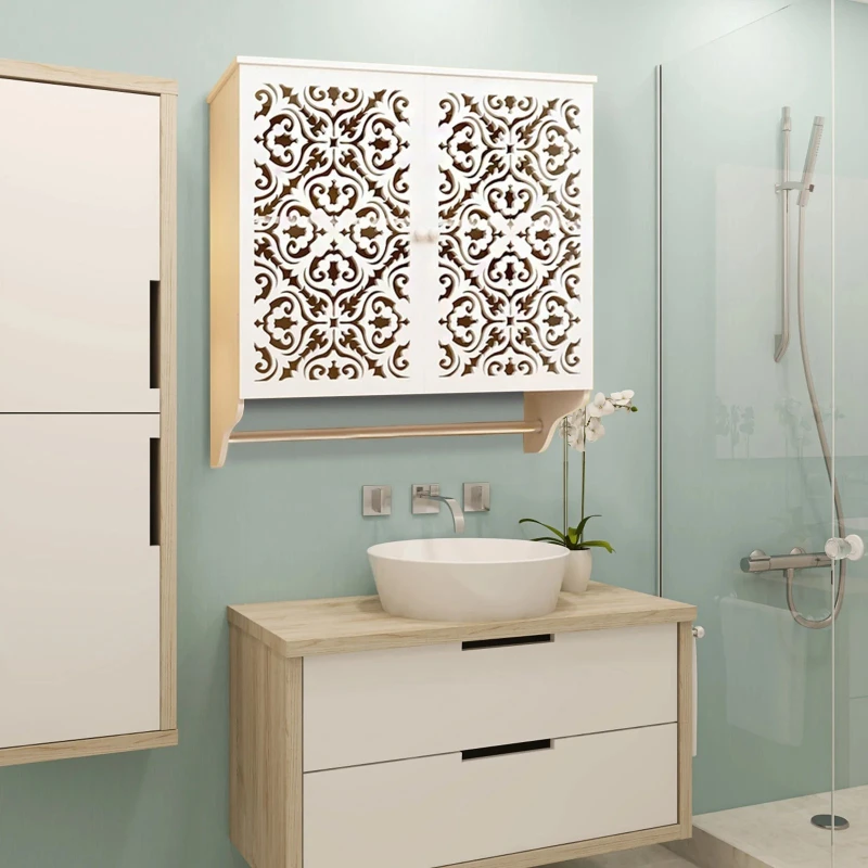 

Bathroom Wall Cabinet with Towels Bar Over Toilet Space Saver Storage Cabinet Wood Wall Mounted for Laundry living Room Kitchen