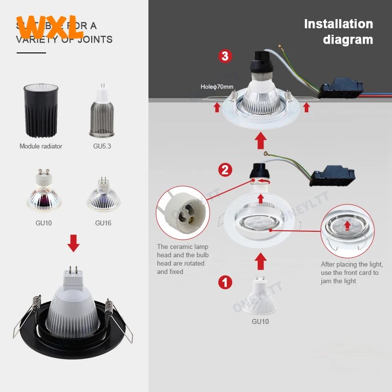 White/Black LED Spotlights Frame Adjustable Downlight led HoldersCutout 70mm for MR16 GU10 Bulb Holder Recessed LED Spot light