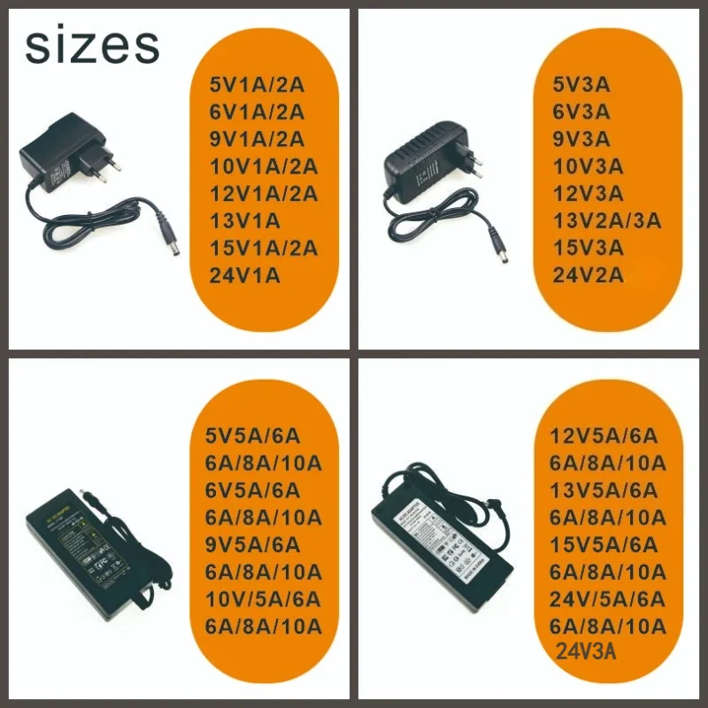 AC 220V Fonte 5V 12V 24V LED Power Supply Adapter DC 6V 9V 10V 13V 15V 1A  2A  3A  5A 6A 8A 10A 5.5*2.1~2.5mm For Led Strip