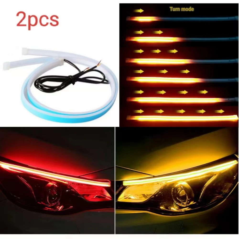 

2Pcs LED DRL Car Daytime Running Light Flexible Waterproof Strip Auto Headlights red Turn Signal Yellow Brake Flow Lights