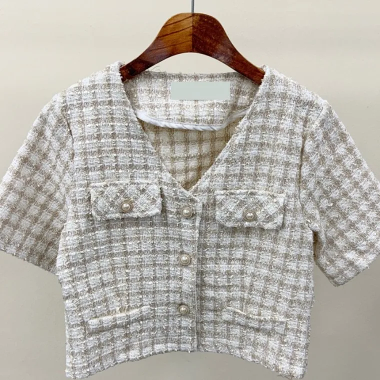 معطف نسائي فضفاض أنيق مع تصميم منقوش على شكل حرف V وزر واحد Svel Thi Tweed Jaet Commute Sle Summer Faion