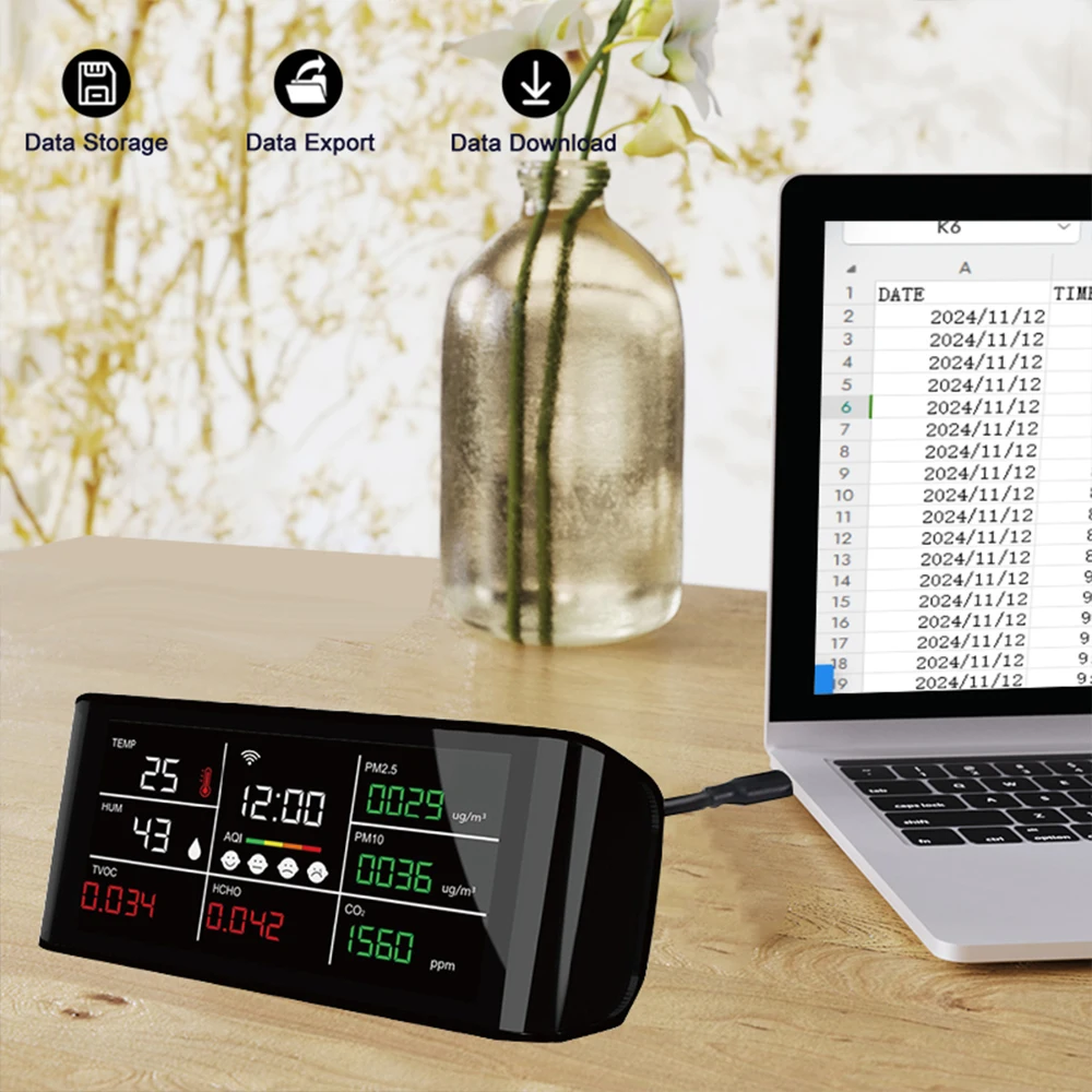 

Carbon Dioxide Quality Detector Data Storage Export Download Multi-function WIFI Temperature Humidity Monitor CO2 Gas Detector
