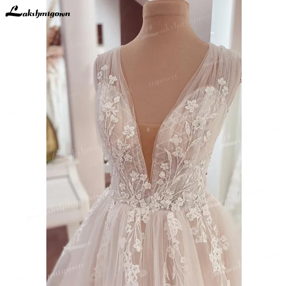 Vestido de Novia de tul de encaje con tirantes anchos y cuello en V, sin mangas, talla grande