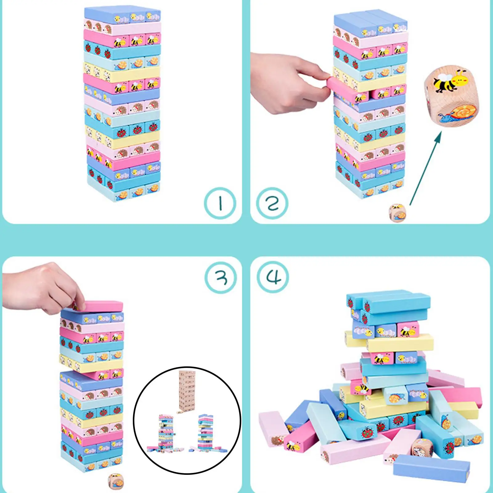 Montessori Torre impilabile in legno Blocchi Tumbling Rompicapo Bambini che imparano Abilità motoria fine Forma Ordinamento Colore Cognitivo