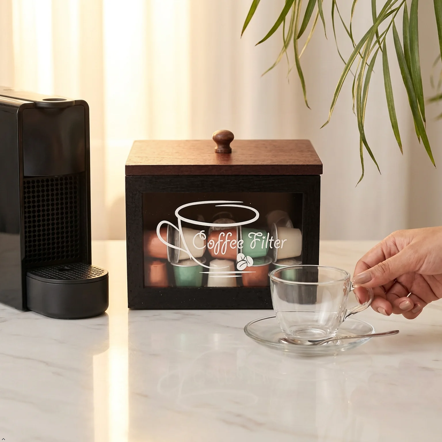 Coffee Pod Holder Compatible with Nespresso Vertuo K Cup Pods Box Wooden Lid Coffee Bar Organizer