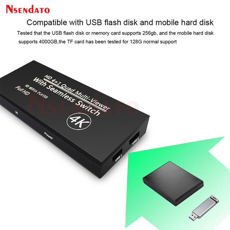 مشغل وسائط إعلاني متعدد المشاهد متوافق مع HDMI بدقة 4K، شاشة رباعية متعددة المشاهد 4x1 مع محول سلس
