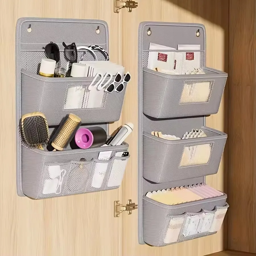 

Versatile Gray Wall-Mounted Storage Organizer Multi-Compartment Fabric Hanging Bag with Viewing Window Hooks for Office, Closet