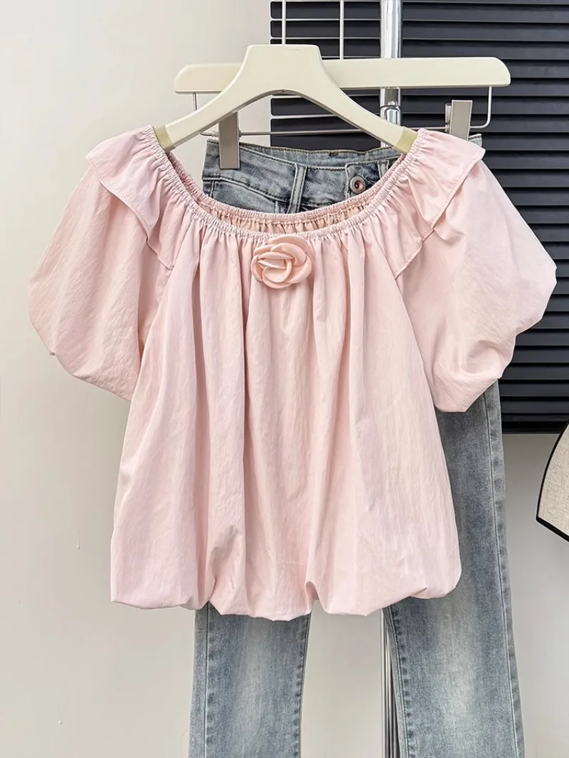 French Style Sweet Three-dimensional Flower Bubble Sleeve Short Shirt Summer Folds Loose Blouse Women 2024 Summer Chic Top