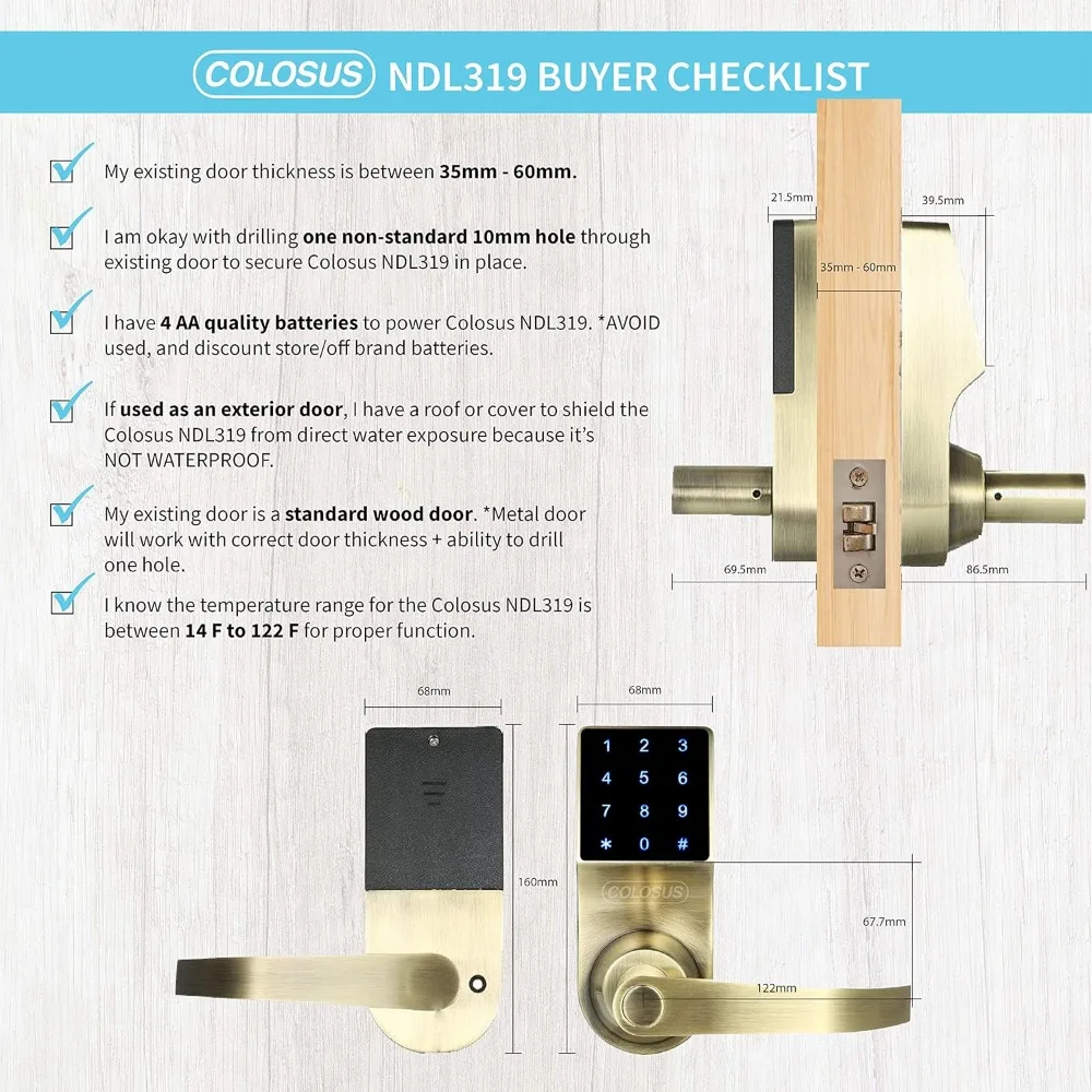 COLOSUS NDL319 Electronic Trusted Digital Keyless Door Lock for Home & Office Security, Touchscreen – 50 User Codes + 4 Key Fobs