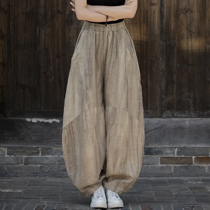 

Женские новые осенние винтажные стильные свободные удобные базовые повседневные брюки M350, высококачественные хлопковые и льняные шаровары